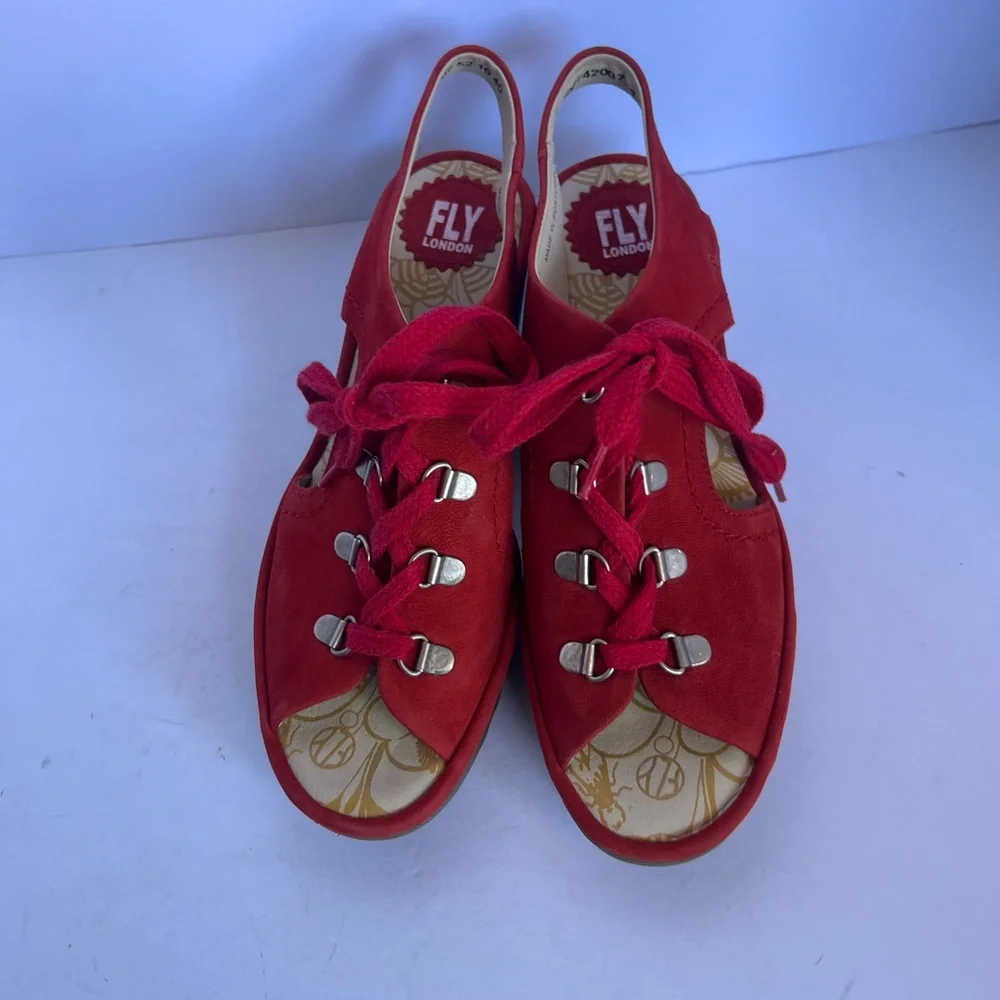 Fly London Red Suede Lace-Up‎ Wedge Sandals